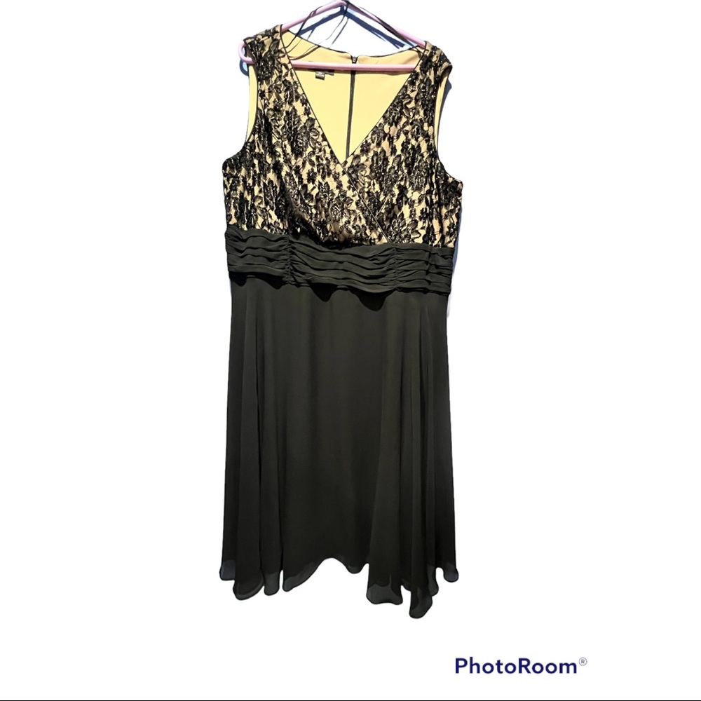 Sleeveless black and tan lace bodice dress.